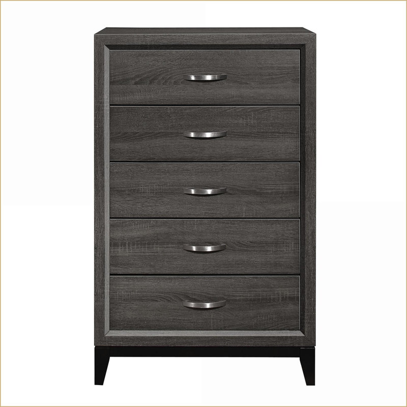 Commodes et amp; Armoire, commode 5 tiroirs gris moderne en faux bois avec poignées chromées | Gris | Bois