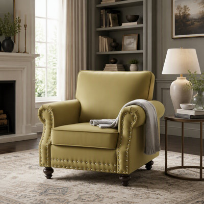 Classic Nailhead Trim Velvet Accent Chair with Solid Wood Turned Legs