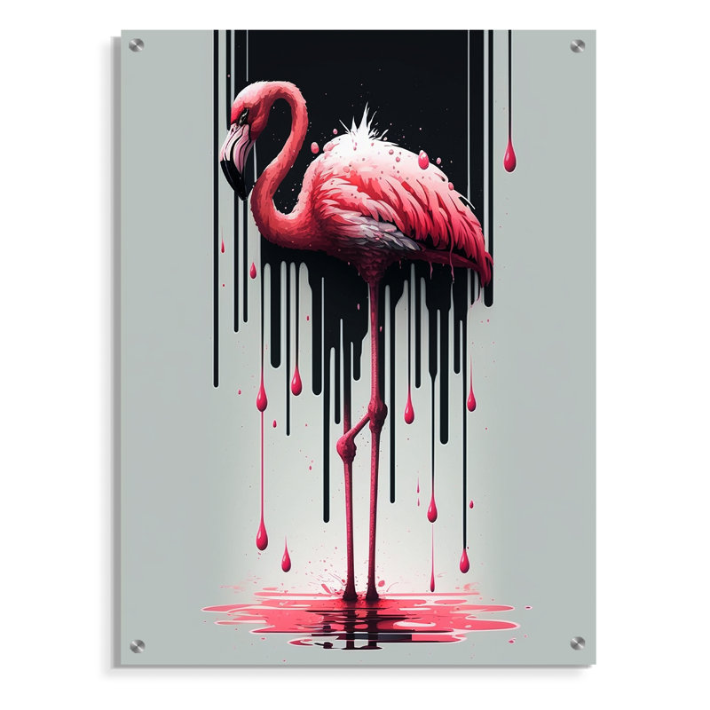 Flamant rose avec peinture dégoulinant1 - Art mural acrylique flamant rose, H 40 po x l 30 po