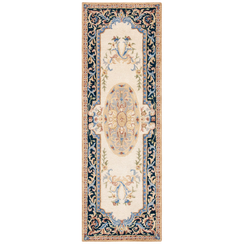 Tapis ivoire / bleu marine en laine touffeté à la main Priscila, Tapis de couloir 2 pi 6 po x 8 pi