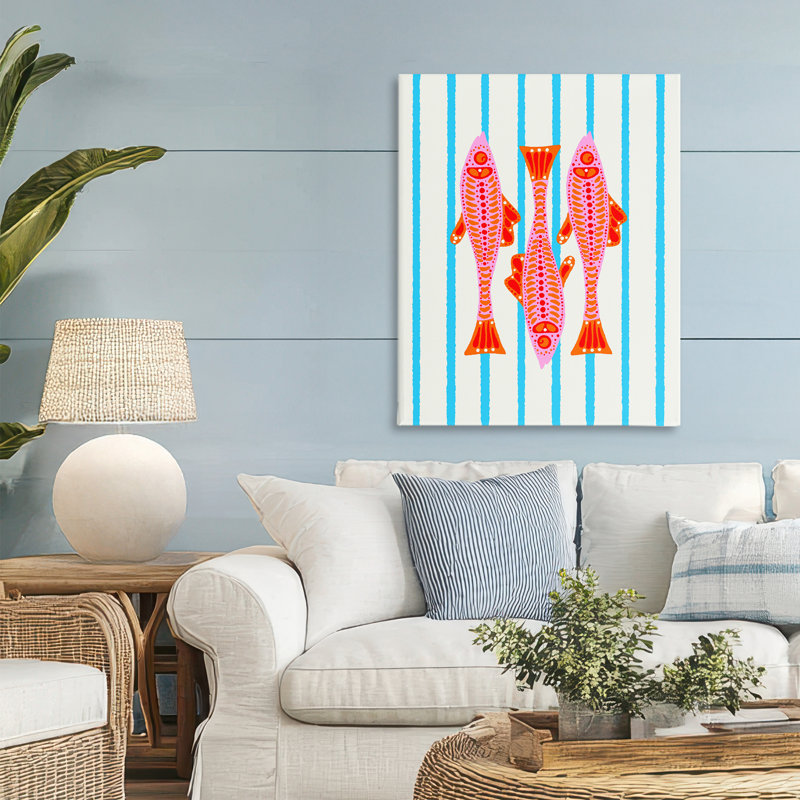 Poisson aquatique vif sur toile rayée, design par Indira Prieto | IndySign, H 30 po x l 24 po