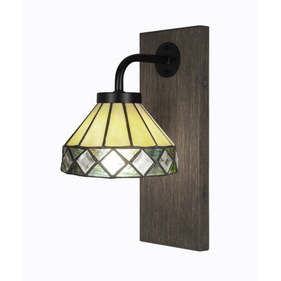 Oxbridge Wall Sconce Shown In Matte Black & Painted Distressed Wood-look Metal Finish With 7" Diamond Peak Art Glass