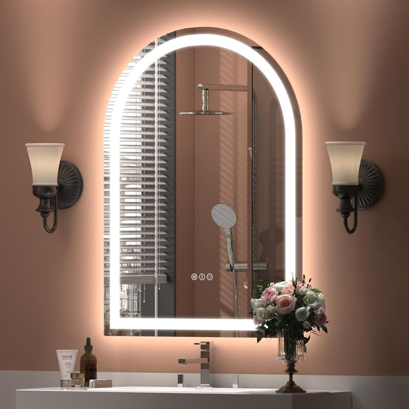 Miroir de salle de bain arqué certifié ETL avec éclairage DEL avant et arrière, antibuée, intensité variable (3 couleurs), verre trempé