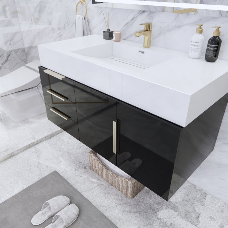 Ensemble de meuble-lavabo simple mural 42 po Glasgow, Noir lustré, Blanc brillant