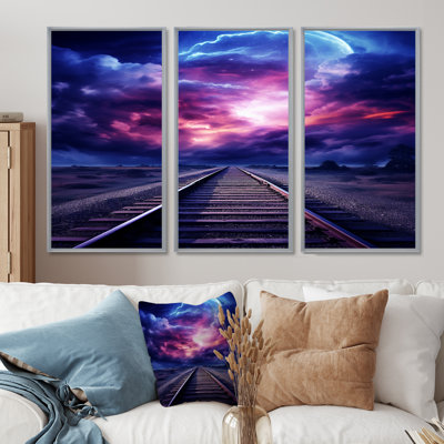 Lavande, train, rails, fuchsia, coucher de soleil I - ensemble d'art mural train