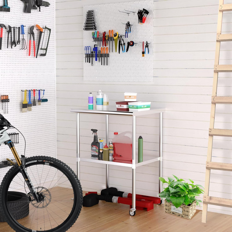 Table de travail en acier inoxydable de 24 po x 30 po avec tablettes réglables pour roulettes pour la cuisine, l'extérieur, le restaurant, l'hôtel et le garage