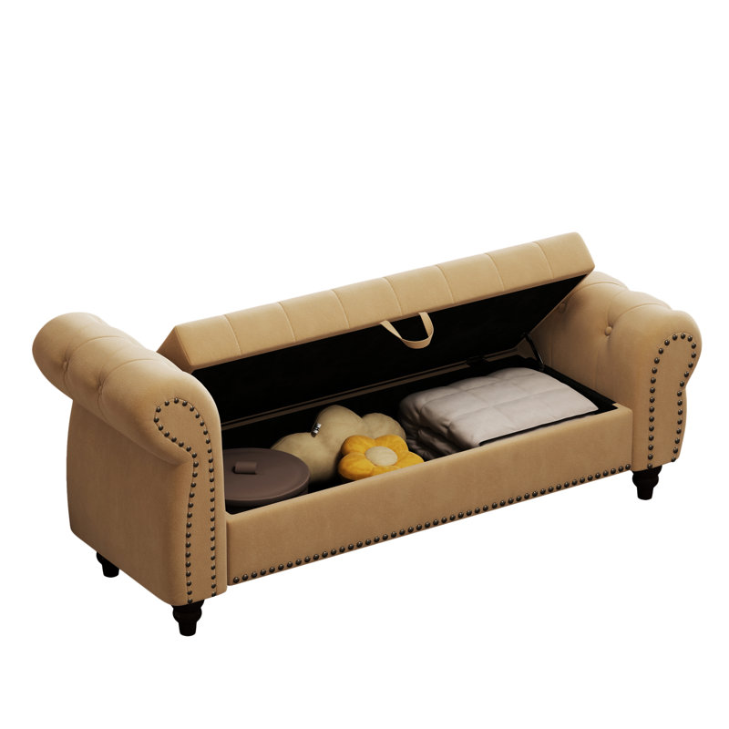 64.5" Bedroom Storage In Khaki Velvet Bench With Seat And Space