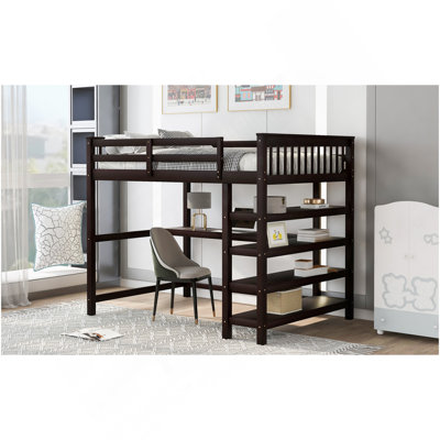 Lit mezzanine double avec tablettes de rangement et bureau sous le lit, gris