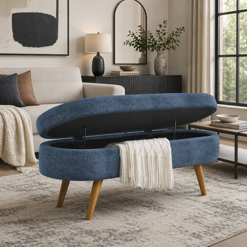 Repose-pieds de rangement ovale en tissu avec pieds en bois d'hévéa, parfait pour la décoration intérieure et une utilisation multifonctionnelle