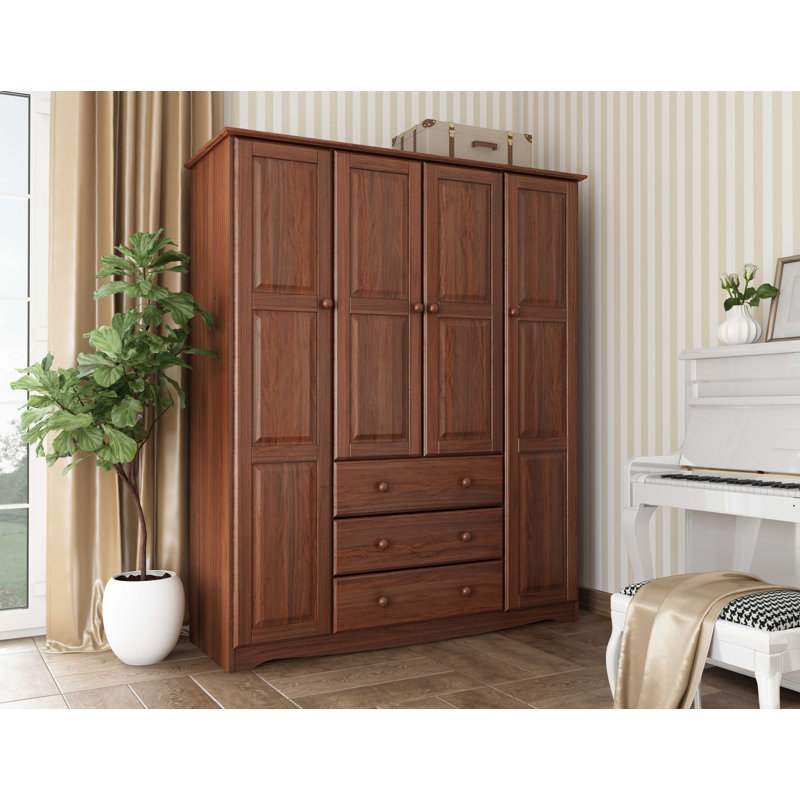 Armoire penderie 100% bois massif 4 portes Musman Family avec 4 petites tablettes, Moka