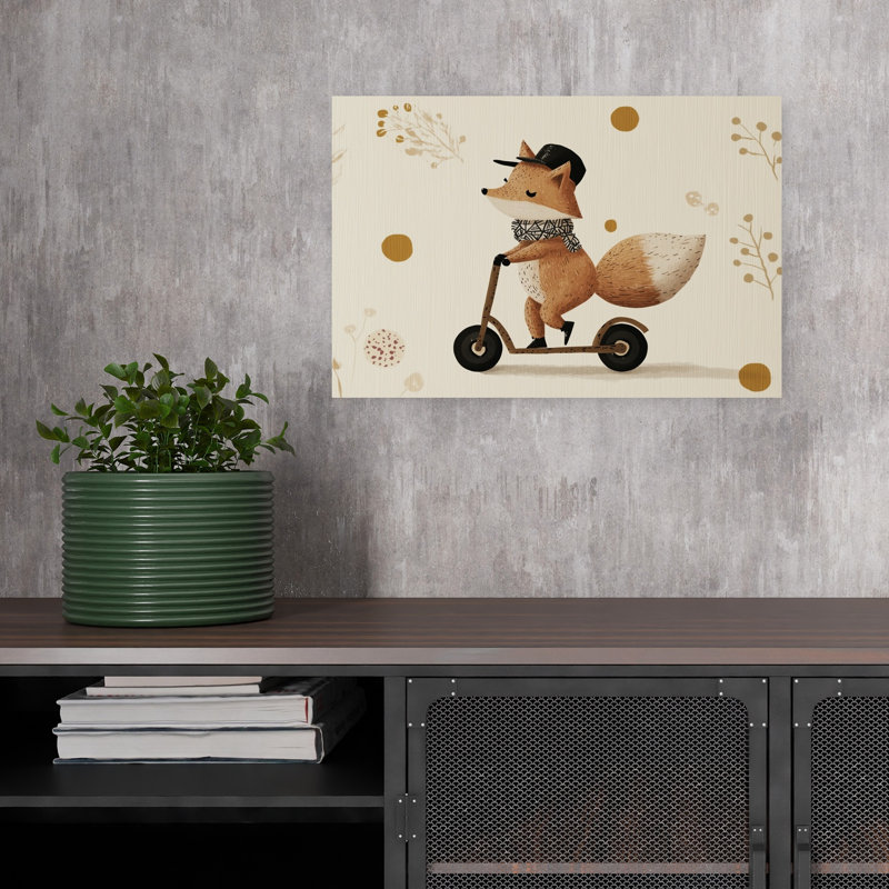 Stylish Fox Scooter Playful Whimsical Abstract Fox Autumn Nature Wall Art Print by Mathieu - Wrapped Canvas Print