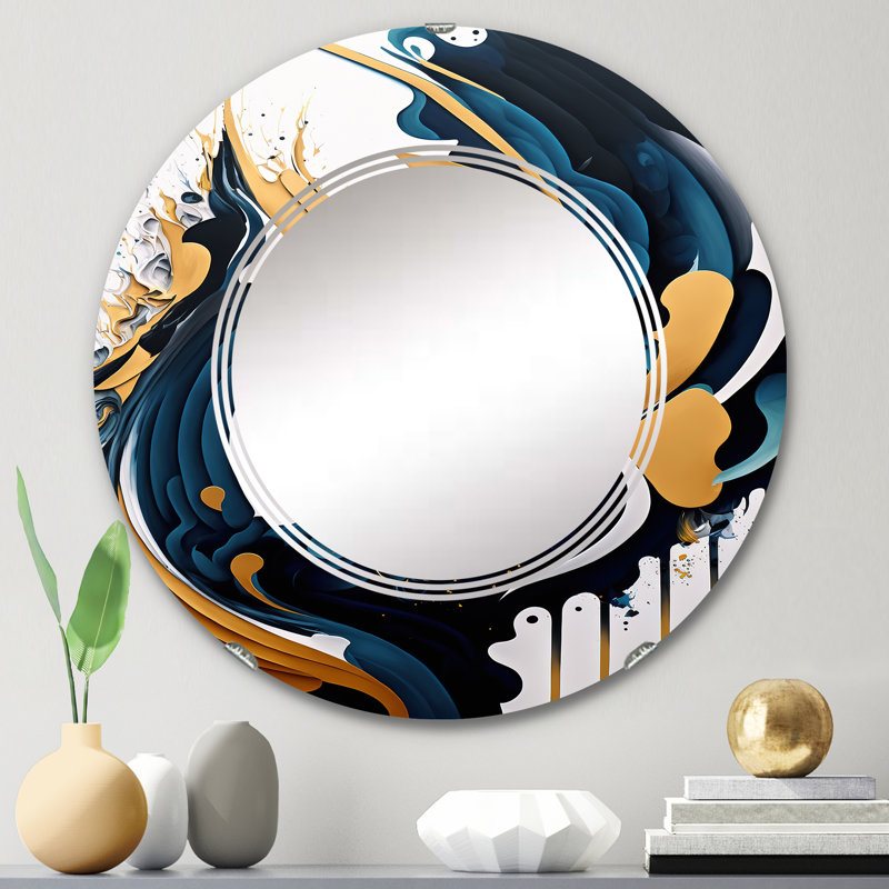 Blue And Gold Modern Art Abstract Painting V - Modern Shapes Wall Mirror, 24" x 24"