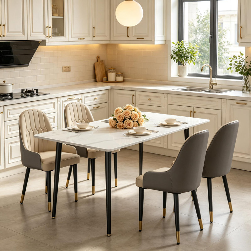 5 Piece Dining Table Set For 4, Modern 120cm Rectangle Marble Dining Table And Leather Dining Chairs 4, Kitchen Table And Chairs For 4, For Kitchen Dining Room