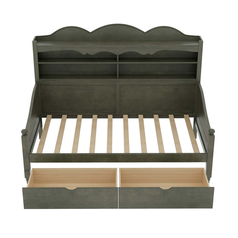 Lit de jour simple avec 2 tiroirs de rangement et tablette de tête de lit, Gris antique