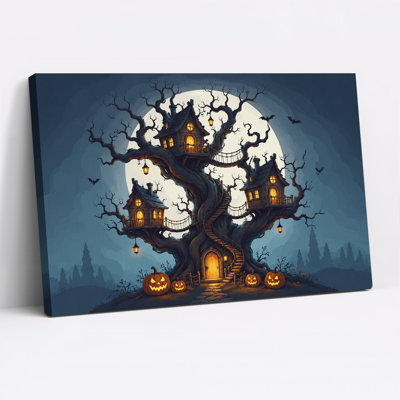 «Spooky Treehouse Under Full Moon With Pumpkins», art mural sur toile d'Halloween