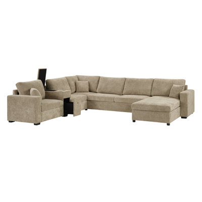 5‑Seat Modular Sectional Sofa Couch, 134" U‑Shape Couch, Large Family Sofa with Chaise Lounge, Deep Seat Comfort, Built‑In Cup Holders, Storage Drawer and Pillows for Living Room, Brown