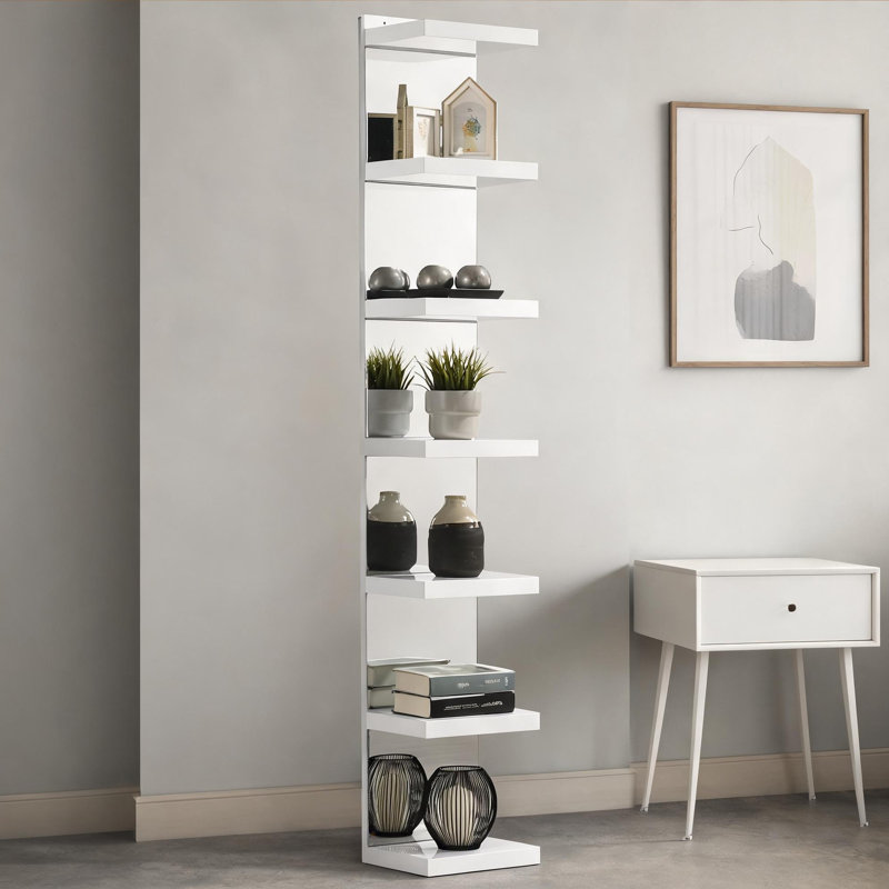 Étagère ouverte en MDF et en verre de style glamour avec dossier miroir à 7 niveaux blanc pur pour le salon