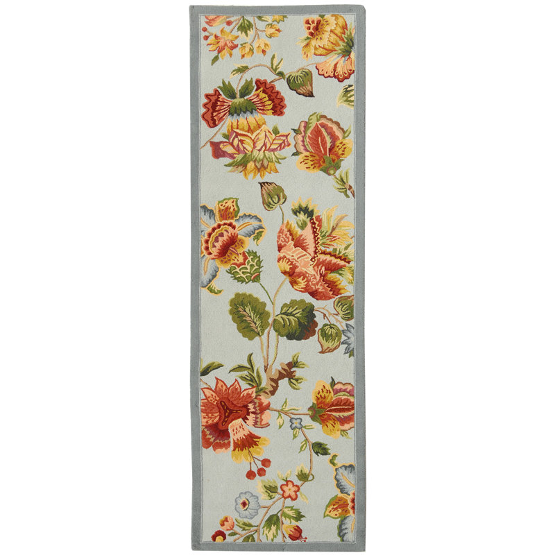 Hollander Floral Hand Hooked Wool Light Blue Area Rug, Runner 2'6" x 6'