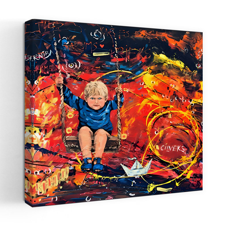 Garçon sur une balançoire colorée, art abstrait expressionniste coloré, 36" H x 36" W