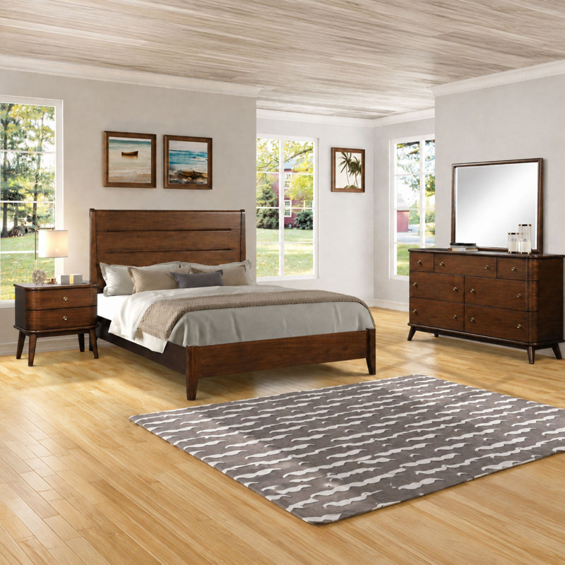 Lit king size à panneaux ajourés de style moderne du milieu du siècle - Placage en bouleau avec fini bois naturel chaleureux, cadre de chambre robuste