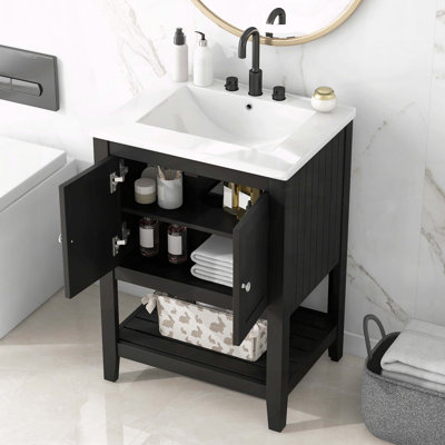 Meuble-lavabo en bois massif 24 po avec lavabo, armoire et tablette ouverte, design Morandi