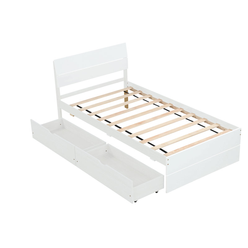 Cadre de lit simple moderne avec 2 tiroirs pour tête et pied de lit blanc brillant, Blanc crémeux / blanc