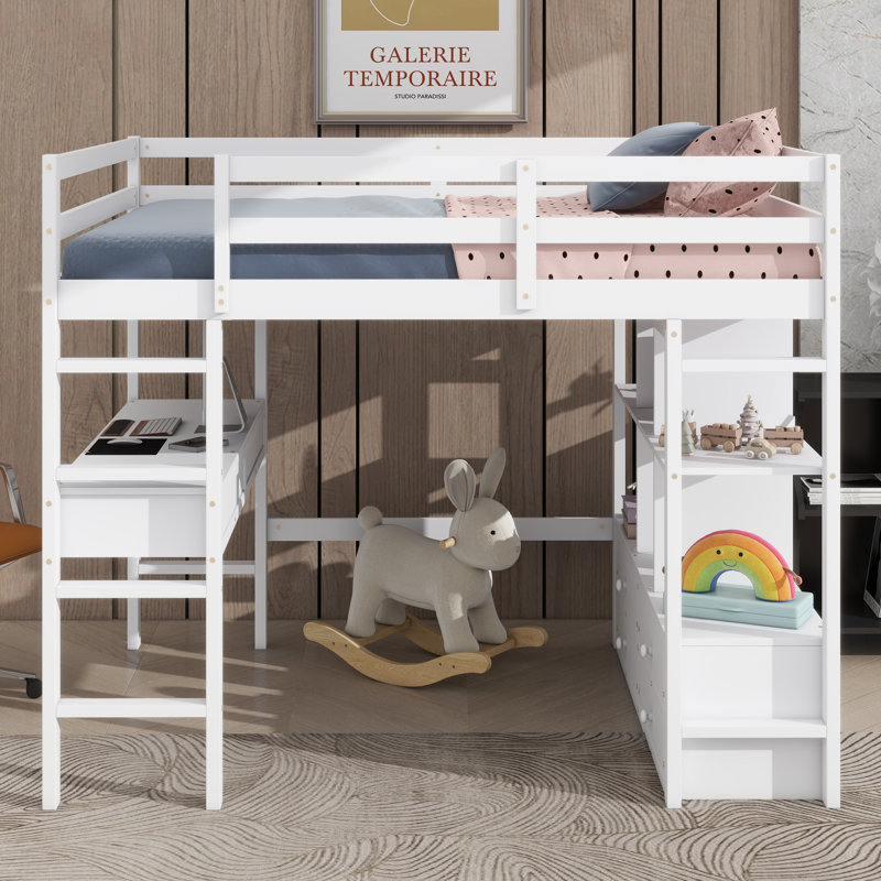 Lit mezzanine double avec bureau intégré, deux tiroirs, beaucoup de rangement et tiroirs supplémentaires