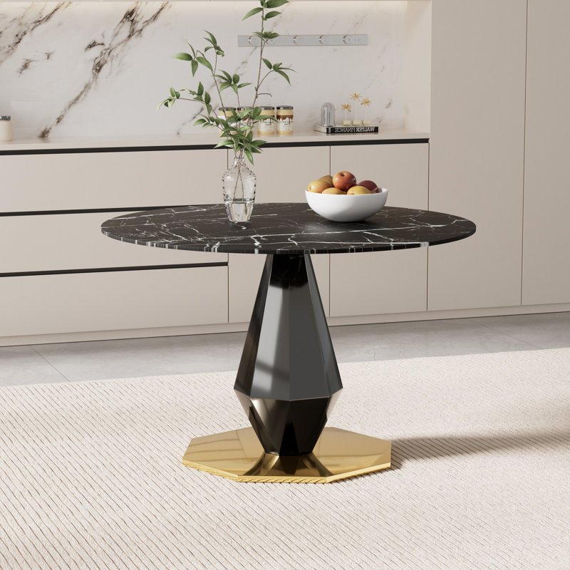 Table de salle à manger ronde en verre trempé avec texture Marbel, Noir, H 29,5 po x L 39 po x l 39 po, Noir et or