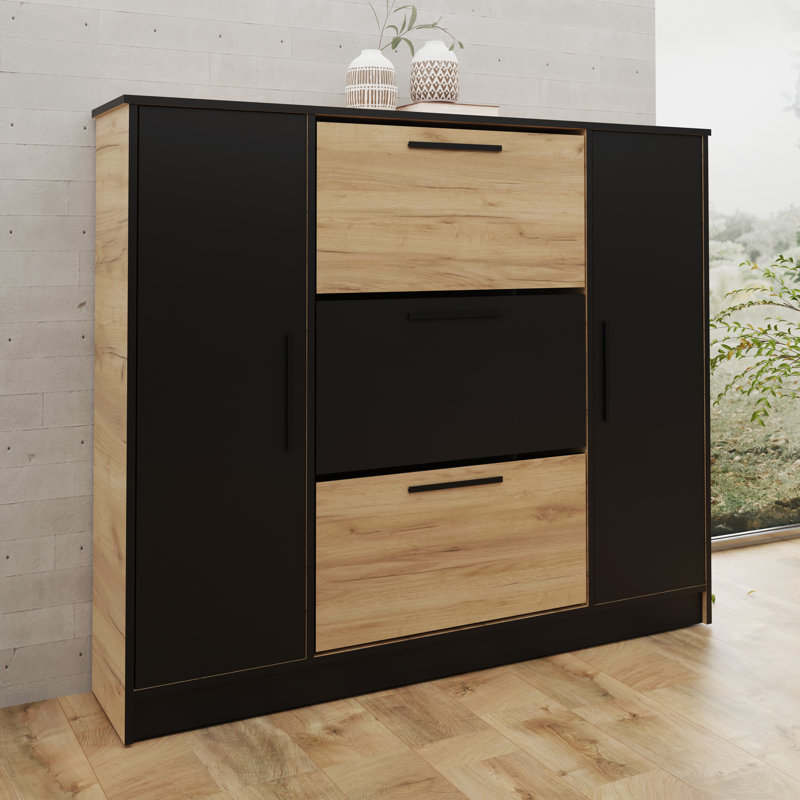 Bertolino 3 Pair Shoe Storage Cabinet, Black/Sonoma Oak