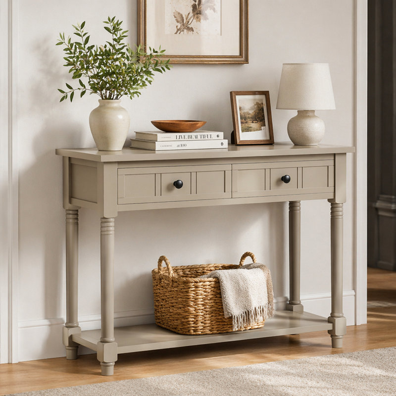 Console Daisy Series avec deux tiroirs et tablette inférieure, 30.25" H x 35.43" W x 13.8" D, Grey / Antique Grey, Grey