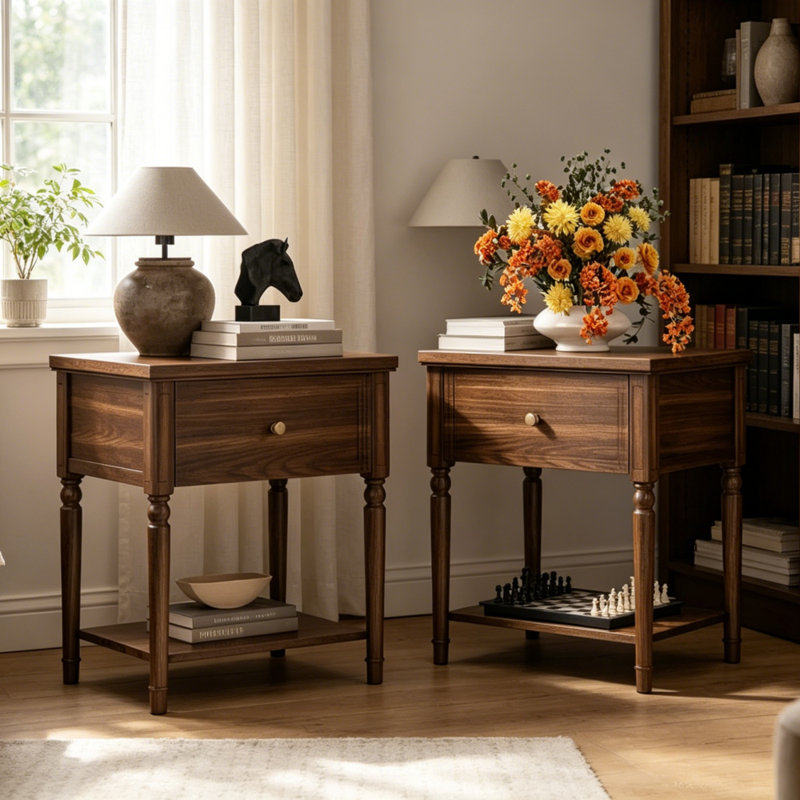 Ensemble de 2 tables de chevet carrées en bois massif, de style moderne, Noyer