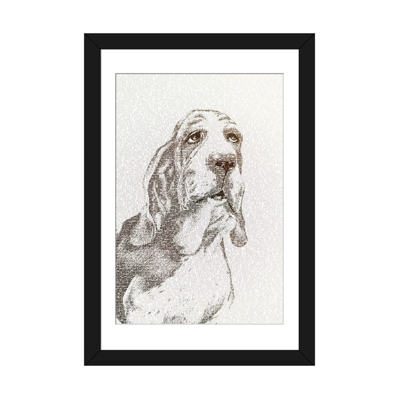 « the intellectuelle basset », impression sur toile, H 32 po x l 24 po x P 1 po, Papier d'art encadré noir, Blanc