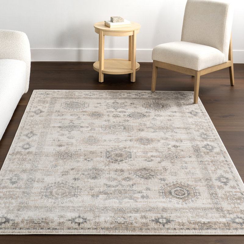 Tapis médaillon pour salon, salle à manger, gris clair / ivoire, Rectangle de 5 pi x 8 pi