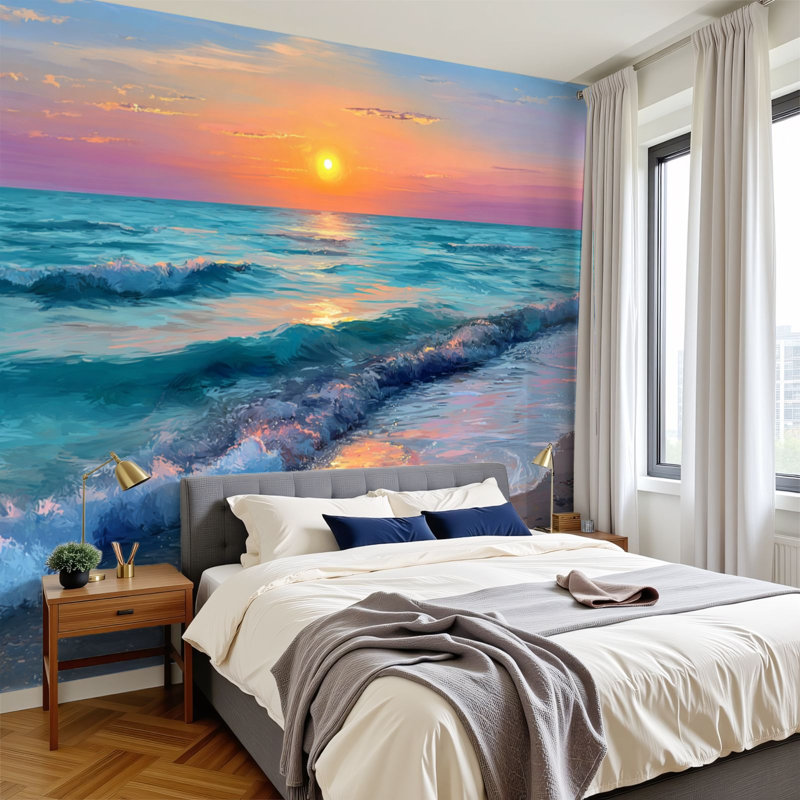 Papier peint adhésif auto-adhésif moderne pour la chambre à coucher - Avec la mer, paysage, coucher de soleil, vagues de l'océan, plage de sable, impression de nuage
