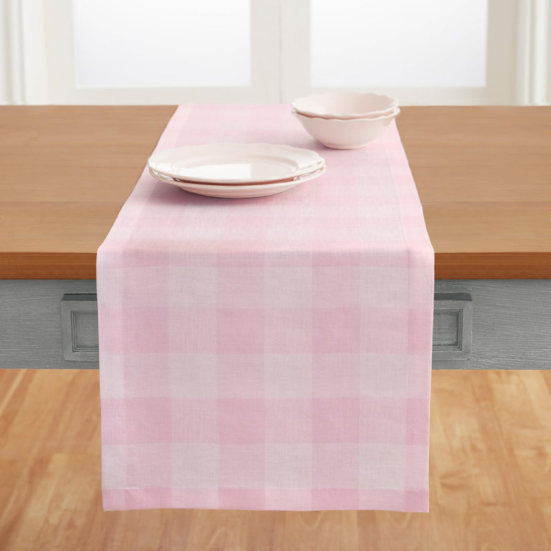 Buffalo Check - 100% Pure Linen Table Runner, 156" x 14", Marshmellow Pink