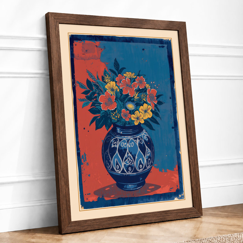 Floral Vase In Blue Art Deco - Print, Walnut, A4 - 29.7 x 21.0 cm