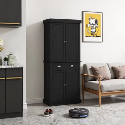Pantry Storage Cabinet with Doors and Shelves, 72.5" H Freestanding Kitchen Cabinet with Adjustable Shelving & Drawer, Farmhouse Style Black Wood Grain Storage Cabinet for Kitchen, Dining Room, Bathroom
