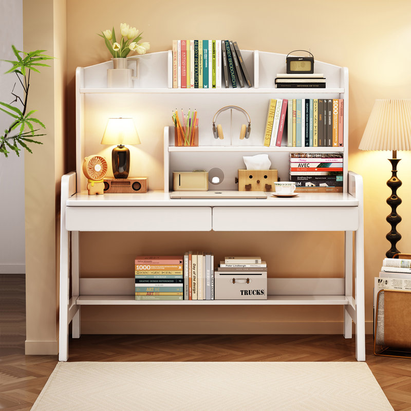 Kids Desk Rectangle Writing Desk Child Computer Learning Desk With Hutch, White