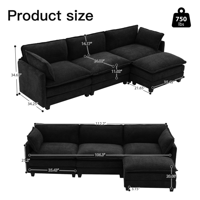 Canapé modulaire en L avec accoudoirs Redenius, Bouclé noir