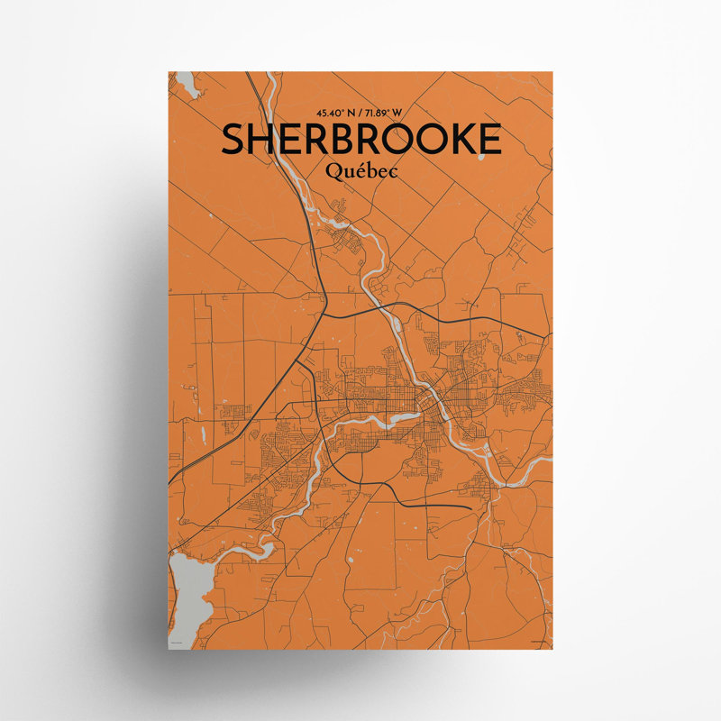 Sherbrooke, carte de la ville, impression, H 36 po x l 24 po, Orange et gris