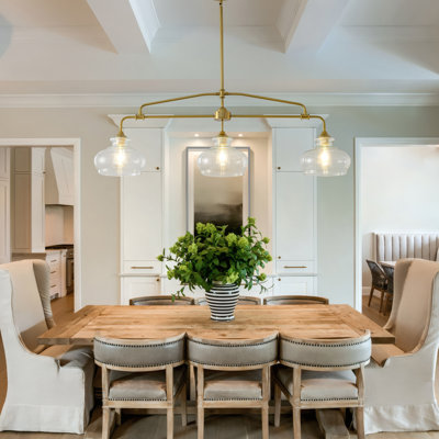 Modern 3-light Kitchen Island Lighting, Farmhouse Linear Chandelier For Dining Room Light Fixture, Rustic Gold Pendant Light With Clear Glass Shade For Kitchen Island