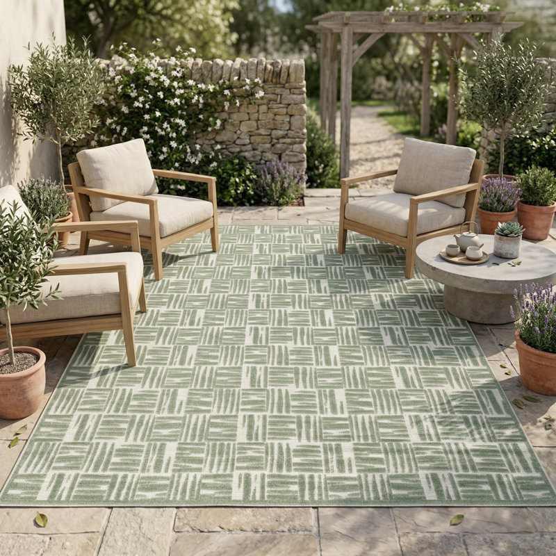 Turkish Unfaded Plaid Indoor Outdoor High-Low Pile Area Rug in Green/Cream for Patios, Deck, Porch Or Entryway, Green