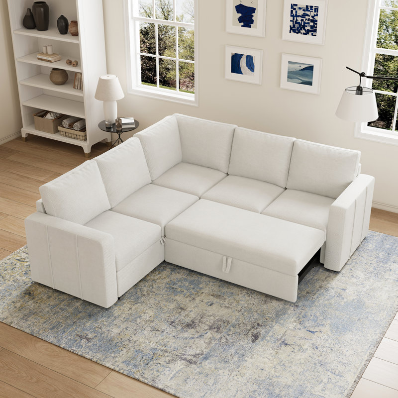 Aubade Storage L-Shaped Modular Sofa Set With Pull-Out Sofa Bed, Beige Chenille