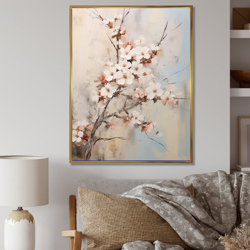 Minimalisme gris et beige Cherry Blossom II sur toile, Cadre flottant doré, H 44 po x l 34 po x P 1,5 po