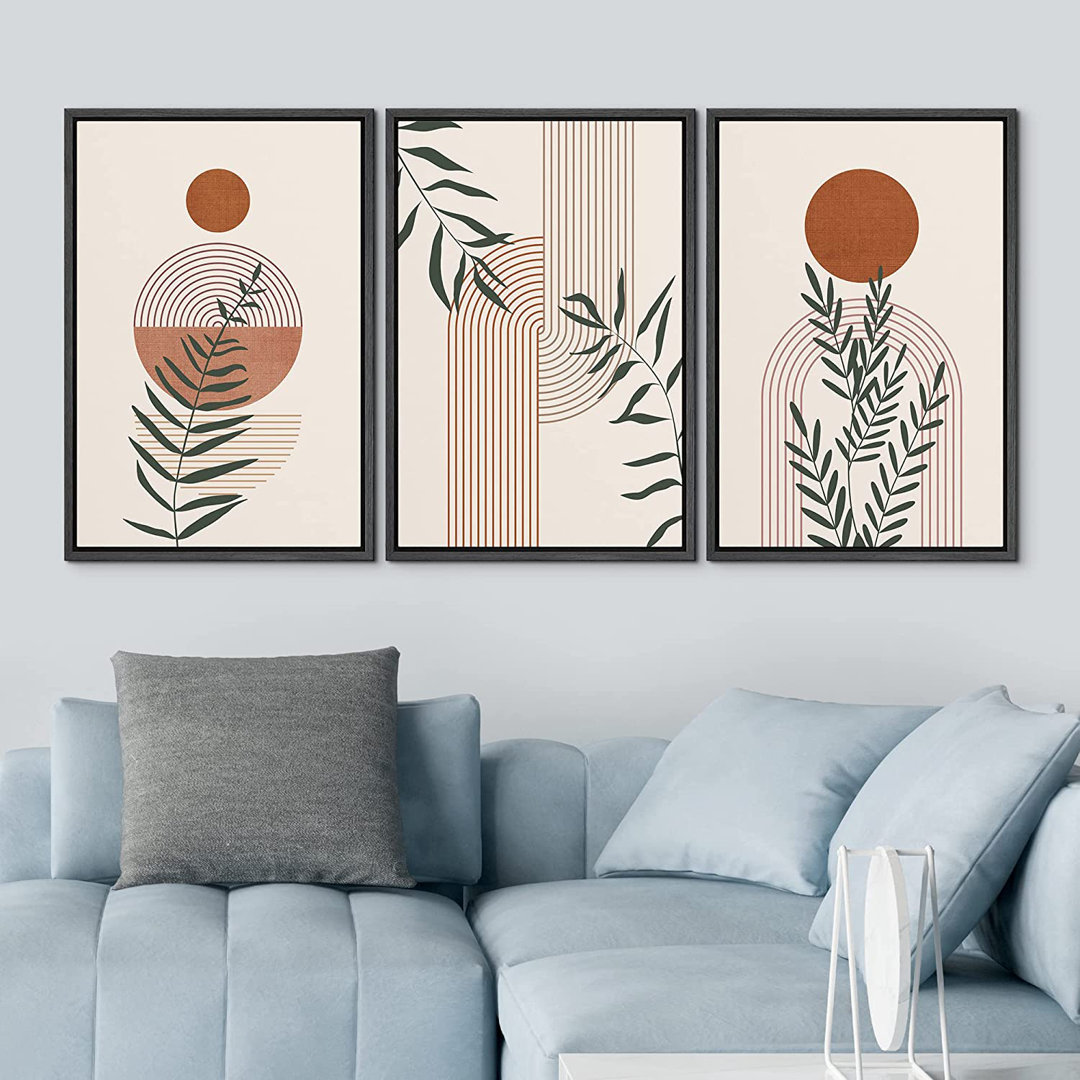 Mid Century Modern Boho Geometric Forest Plant Polygon - 3 Piece Floater Frame Graphic Art Set on Canvas IDEA4WALL Frame 