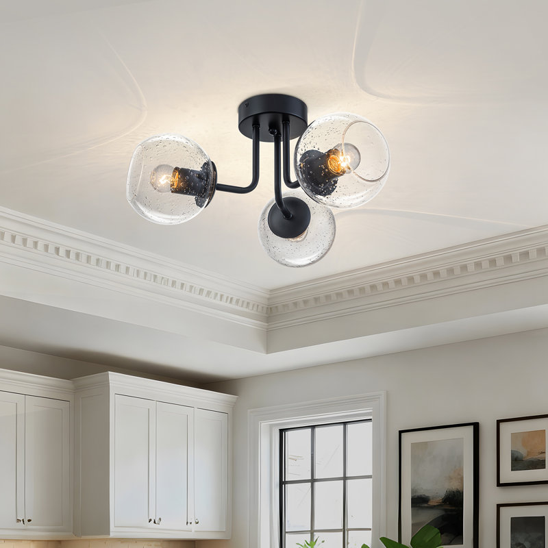 3-Light Modern Sputnik Bubble Globe Glass Semi Flush Mount, Matte Black