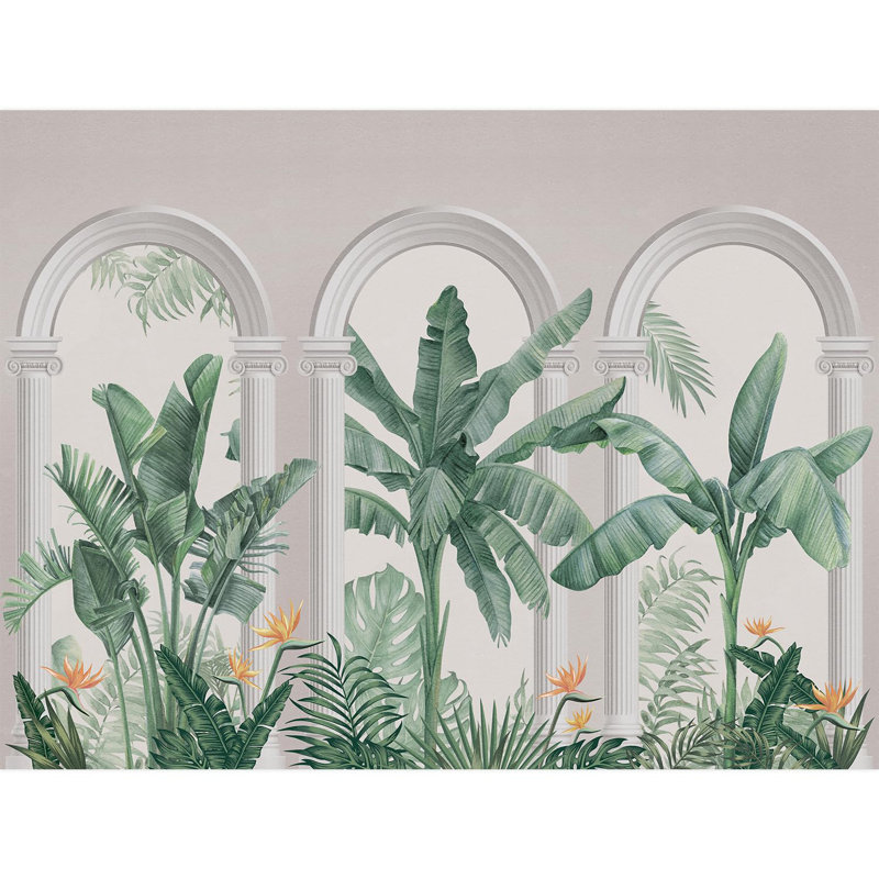 Botanique architecturale élégante avec plantes tropicales et éléments classiques, L 108 po x l 144 po