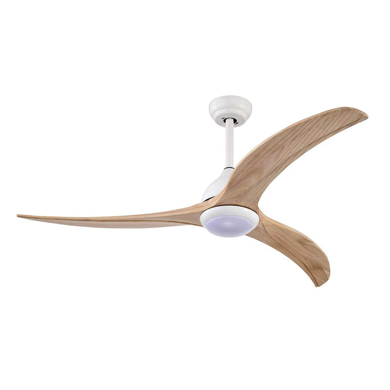 52" Solid Wood Blades Ceiling Fan With Light & Remote Control, White, Light Brown