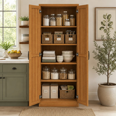 Modern Farmhouse Tall 2 Door Pantry Cabinet with 2 Adjustable Shelves and Anti Tipping Device for Kitchen Dining Room