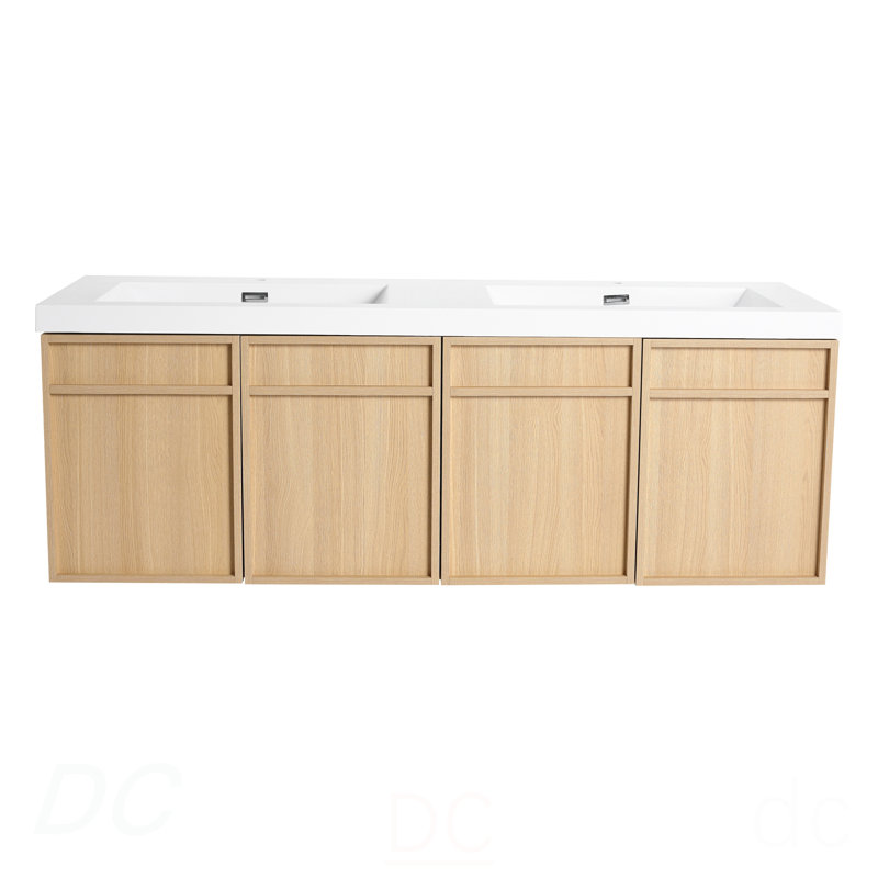 Meuble-lavabo mural 60 po avec double lavabo en résine, 4 portes à fermeture douce, contreplaqué (KD-PACKING)